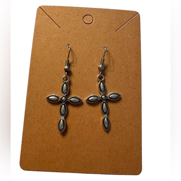 Silver Textured Design Christian Cross Drop Earrings - Picture 1 of 4